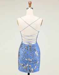 Glitter Blue Spaghetti Straps Beaded Sequins Short Tight Homecoming Dress