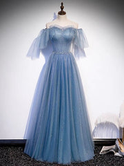 Glitter Fairytale Tulle Dusty Blue Prom Dresses