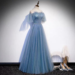 Glitter Fairytale Tulle Dusty Blue Prom Dresses