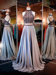 Gray Two Piece Long Prom Dresses with Sparkly Beading