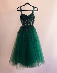 Green Knee Length Straps Tulle Homecoming Dresses With Appliques