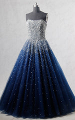 Royal Blue Strapless Sleeveless Beading Sequined Tulle Floor Length Long Prom Dresses