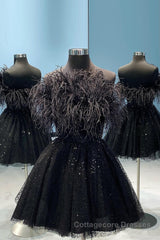 Black A-Line Strapless Homecoming Dress with Feathers