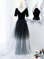 Half Sleeves Gradient Black Prom Dresses