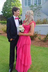 Hot Pink Long Prom Dresses A-line Tulle Tiered Pom Dresses Ideas