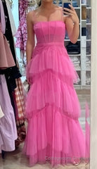 Fashion Hot Pink Layered Ruffles Evening Gown A Line Tulle Long Prom Dresses