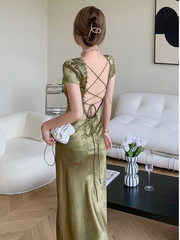 Summer Elegant Women Satin Backless Short Sleeve Lace Sexy Bandage Vintage Bodycon Vestidos Female Fashion Robe New Prom Dresses