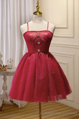 Chic Burgundy Spaghetti Straps Lace Tulle Short Homecoming Dresses