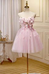 Cute Pink Strapless Sweetheart Appliques Tulle Short Homecoming Dresses