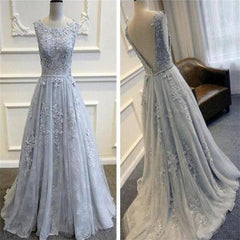 Lace Grey V Back Scoop Neck Prom Dresses Formal Dresses for Wedding