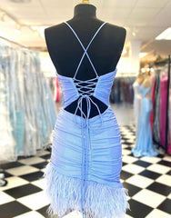 Light Blue Spaghetti Straps Tight Homecoming Dress With Feather