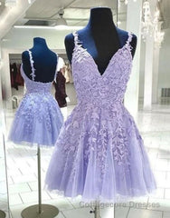 Lilac A-Line Spaghetti Straps Homecoming Dress With Appliques