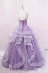 Purple Tulle Long Prom Dress, A-Line Spaghetti Strap Evening Gown