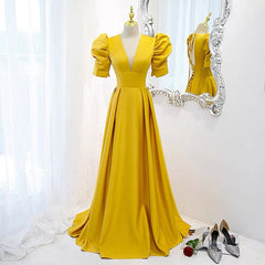 Open Back Yellow Prom Dresses with Sleeves