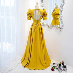 Open Back Yellow Prom Dresses with Sleeves