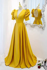 Open Back Yellow Prom Dresses with Sleeves