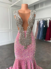 Glamorous Sparkly Sequins Prom Dresses, Deep V-Neck Sleeveles Stretch Satin Mermaid Prom Dresses