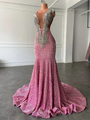 Glamorous Sparkly Sequins Prom Dresses, Deep V-Neck Sleeveles Stretch Satin Mermaid Prom Dresses