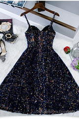 Glitter Spaghetti Straps Cute Short Prom Dresseses Tight Tea Length Homecoming Dresses