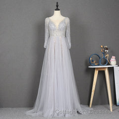 Amazing Long Gray Beading Prom Dresses Modest Evening Gowns