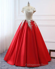 Modest Red Cap Sleeves Ball Gowns Lace Satin Prom Dresses Evening Dresses