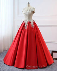 Modest Red Cap Sleeves Ball Gowns Lace Satin Prom Dresses Evening Dresses