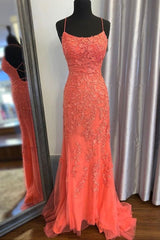 Mermaid Backless Orange Lace Long Prom Dresses, Mermaid Orange Lace Formal Dresses, Orange Lace Evening Dresses