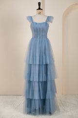 Dusty Blue Flutter Sleeves A-line Multi-Layers Long Prom Dress with Slit