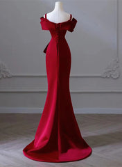 Wine Red Satin Mermaid Long Straps Long Party Dresses, Wine Red Off Shoulder Prom Dresses