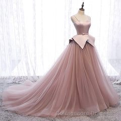 Pink Spaghetti Straps Tulle Long Formal Prom Dress, Unique Long Wedding Dess