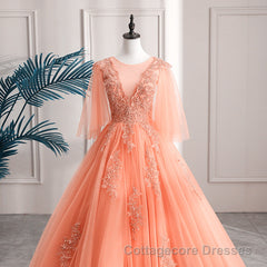 Lovey Tulle V-Neckline Long Party Dress With Lace, A-Line Tulle Sweet 16 Dress