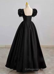 Black Sweetheart Short Sleeves Beaded Party Dress, A-Line Black Satin Prom Dress