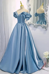 Off Shoulders Ball Gown Poofy Dusty Blue Prom Dresses