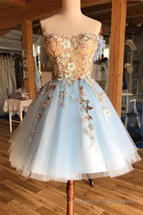 Pretty Lace Up Appliques Short Light Blue Homecoming Dresses