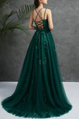 Open Back Dark Green Tulle Lace Long Evening Dresses, Dark Green Lace Formal Dresses