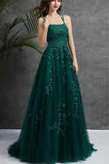 Open Back Dark Green Tulle Lace Long Evening Dresses, Dark Green Lace Formal Dresses