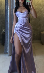 Mermaid Spaghetti Straps Floor Length Prom Dress With Slit 21st Birthday Outfit