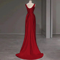 Sexy Mermaid Square Neckline Red Satin Floor Length Prom Dresses