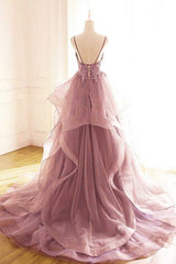 Princess Dark Pink Tulle Long With Lace Ruffle A Line Prom Dresses