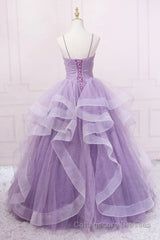 Princess Lavender Sparkly Spaghetti Straps Long Prom Dress Floor Length Evening Gown