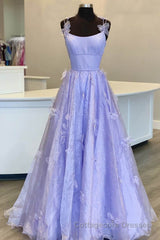 Purple Spaghetti Straps Long A line Prom Gown Handmade Flower Evening Dress