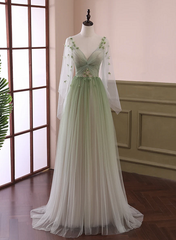 Beautiful Gradient Tulle Green Beaded Long Sleeves Party Dresses, Green Formal Dresses