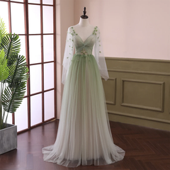 Beautiful Gradient Tulle Green Beaded Long Sleeves Party Dresses, Green Formal Dresses