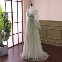 Beautiful Gradient Tulle Green Beaded Long Sleeves Party Dresses, Green Formal Dresses