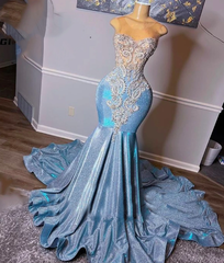 light blue prom Dresses, crystal sequins evening gowns, mermaid prom Dresses