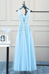 Romantic Tulle Lace V Back Sky Blue See Through Prom Dresses Formal Dresses