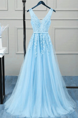 Romantic Tulle Lace V Back Sky Blue See Through Prom Dresses Formal Dresses