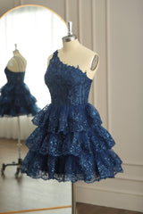 Dark Navy One Shoulder Appliques Multi-Layers Tulle Homecoming Dress