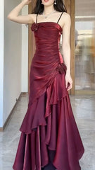 Wine Red Satin Long Straps Prom Dress Wine Red A-line Party Dress