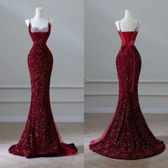 Sexy Mermaid Spaghetti Straps Sequin Burgundy Long Prom Dresses